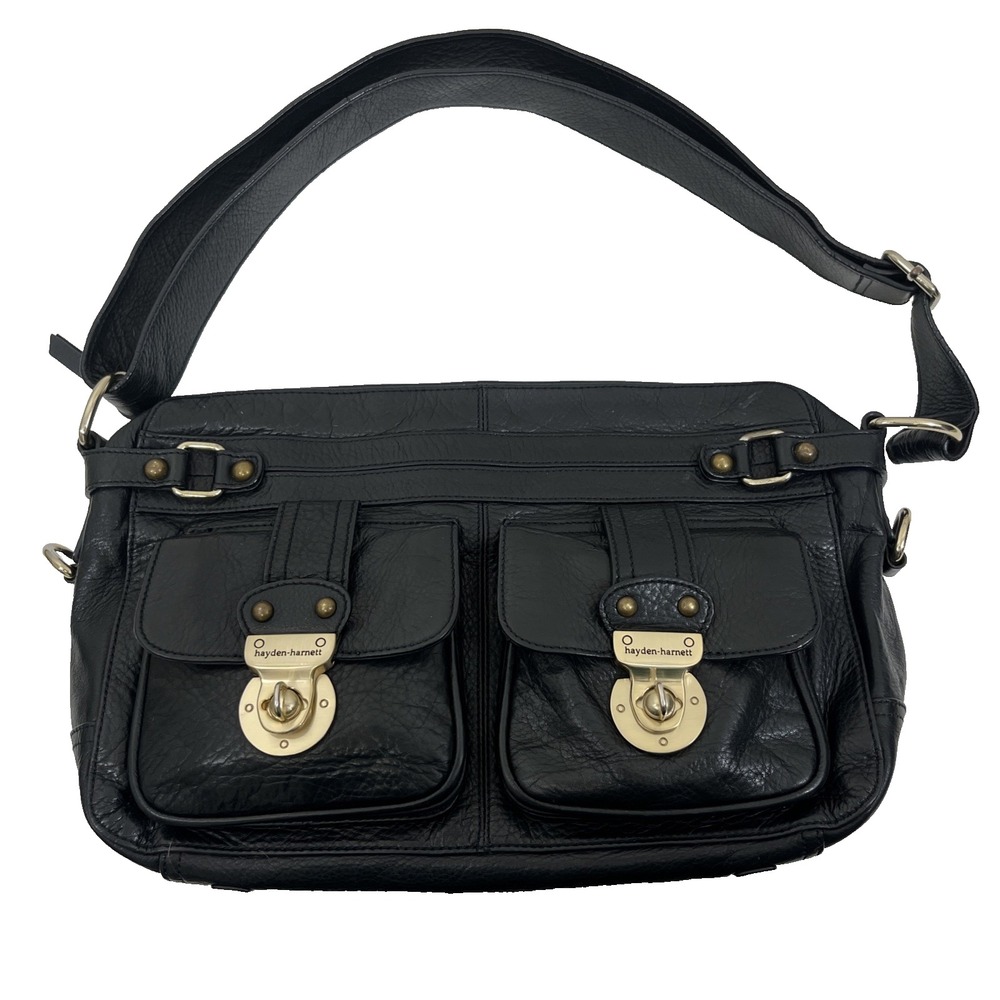 Hayden-Harnett Brooklyn NYC Conrad Black Leather Shoulder Bag Pockets VTG Y2K